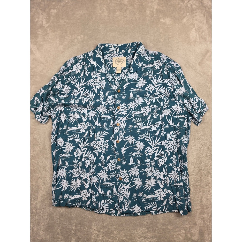 St. John's Bay Button Up Shirt Mens XXL Teal Floral Tropical Rayon Fits Short